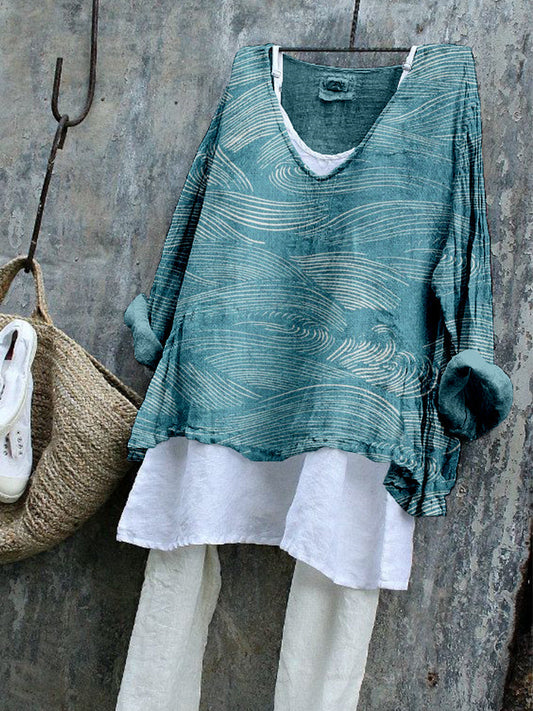 Comstylish The Water Pattern Linen Blend Flowy Tunic