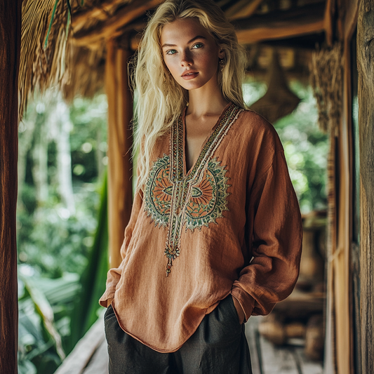 Comstylish Vintage Pomace Embroidered Linen V-neck Long Sleeve T-shirt