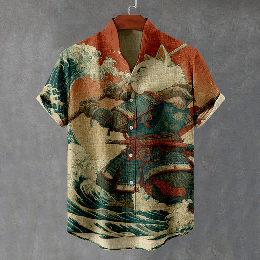 Japanese Waves & Samurai Cat Art Print Linen Shirt elevenforest