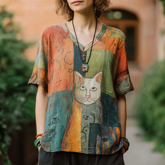 Comstylish Women's Vintage Abstract Cat Oil Painting Art Patchwork T-shirt