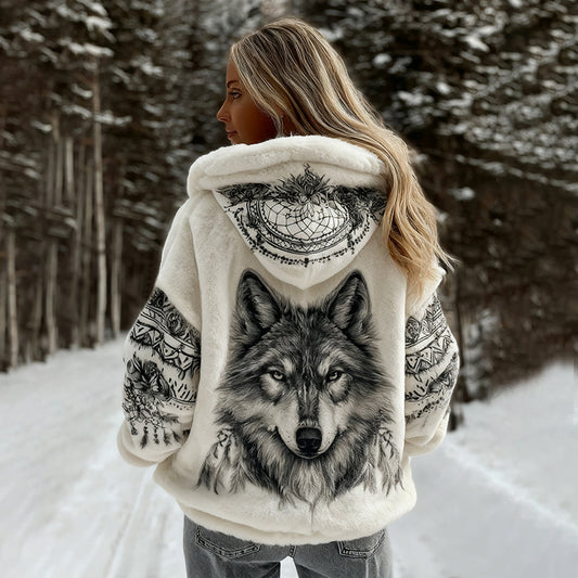 Comstylish Women's Viking Celtic Wolf Tribal Pattern Art Cozy Flannel Hooded
