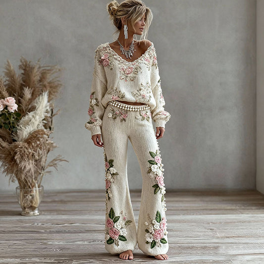 Women's Pink Floral Embroidered Art Knit Pants