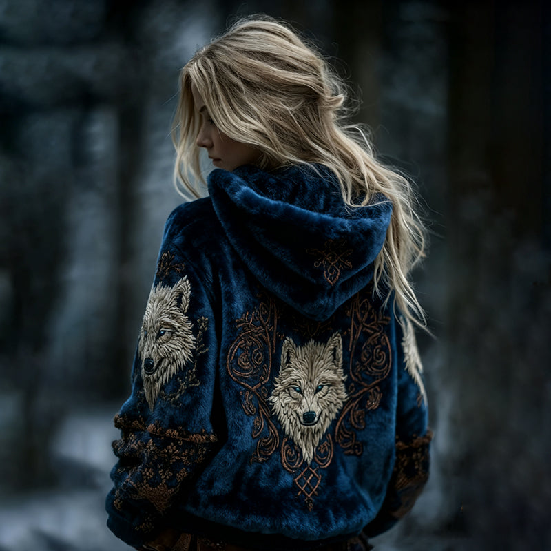 Comstylish Women's Viking Celtic Wolf Pattern Art Cozy Flannel Hooded