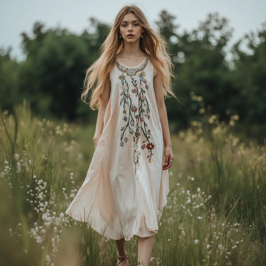 Women's Boho Floral Embroidery Art Linen Tank Dress artswardrobe