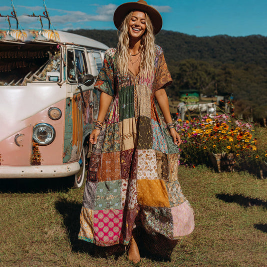 Countryside Style Collection Classy Patchwork Floral Pattern Art Linen Maxi Dress artswardrobe