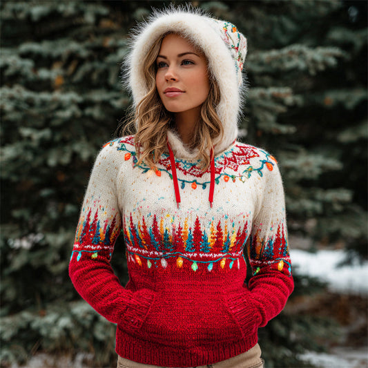 Comstylish Christmas Lights & Christmas Tree Design Women's Hooded Icelandic Sweater