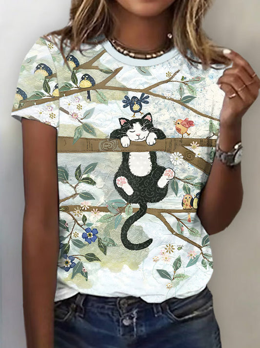 Comstylish Women's Casual Art Cat Print T-shirt