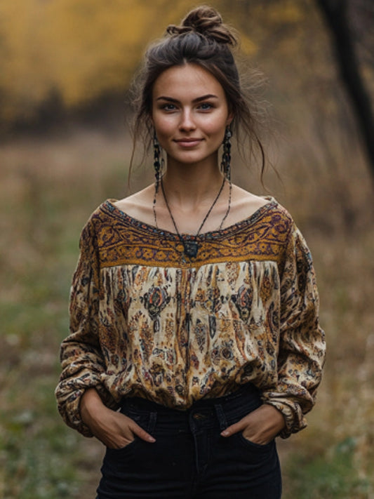 Comstylish Women's Vintage Bohemian Print T-shirt
