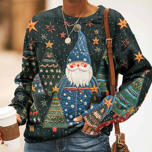 Comstylish Women's Colorful Christmas Tree & Santa Claus Embroidery Casual Sweatshirt