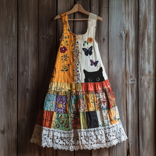 Comstylish Vintage Abstract Creative Black Cat Peeking With Floral Patchwork Art Linen Tank Dress