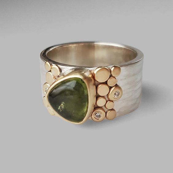 Green Olive Glass Gold & Silver Ring
