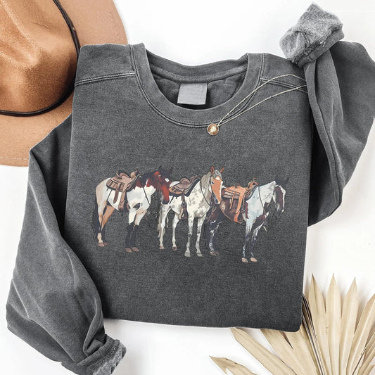 Comstylish Vintage Western Horse Art Print Casual Sweatshirt