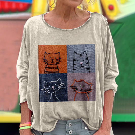 Vintage Embroidered Cat Women's Cozy Linen Crew Neck T-shirt elevenforest