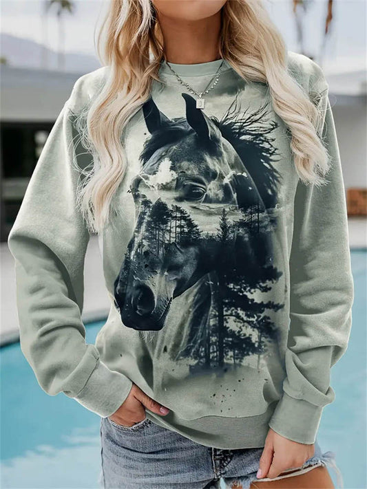 Comstylish Forest & Horse Silhouette Print Women's Crew Neck Sweatshirt