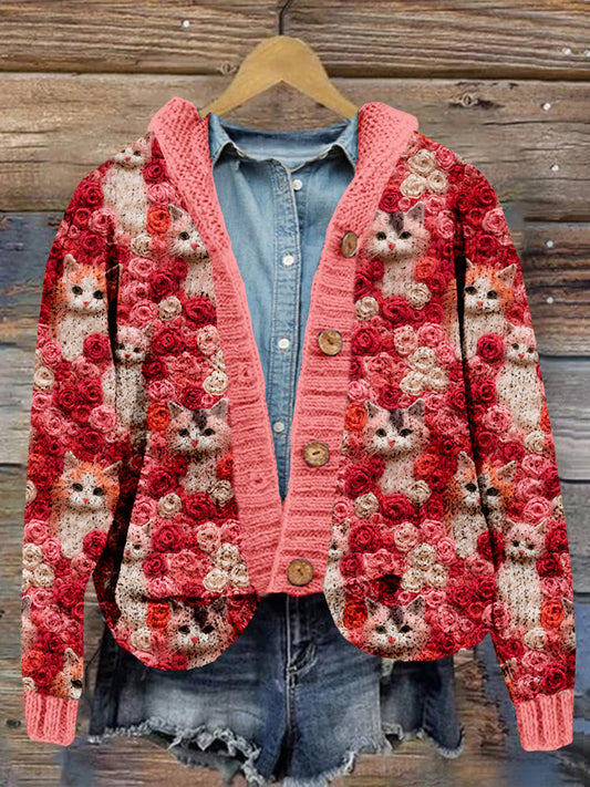Comstylish Lovely Cats And Roses Embroidered Cozy Cardigan