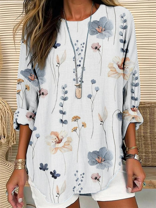 Women's Retro Botanical Floral Design Loose Long Sleeve Crew Neck Top
