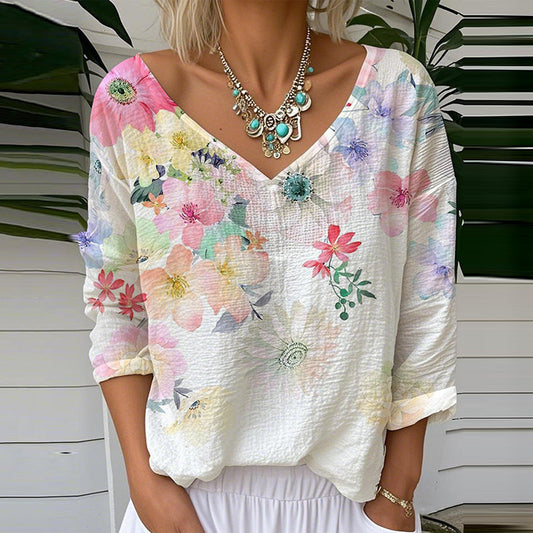 Flower Print V-neck Linen Blend T-shirt artswardrobe