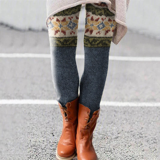 Vintage Icelandic Pattern Color Block Casual Leggings elevenforest