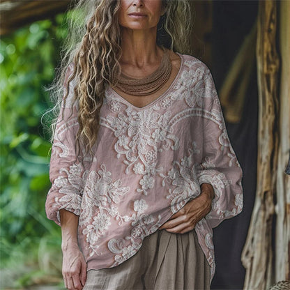 Comstylish Boho Floral Embroidered Lace Flowy Linen Tunic
