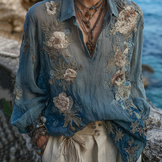 Women's Vintage Bohemian Floral Linen Shirt artswardrobe