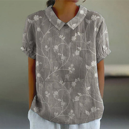 Comstylish Vintage Floral Art Print Casual Cotton Linen Shirt