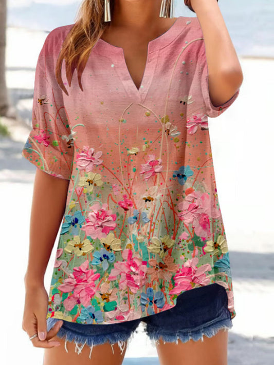 Comstylish Women's Casual Floral Print Cotton and Linen T-Shirt