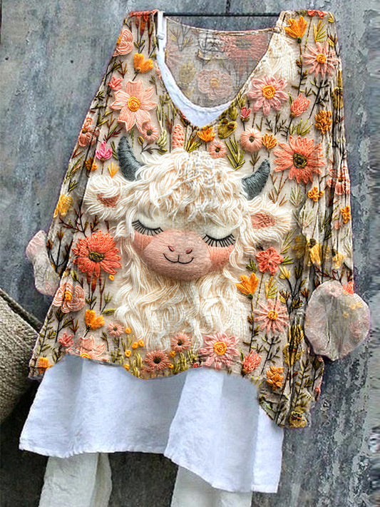 Highland Cow Wildflowers Embroidery Pattern Cozy Linen Shirt artswardrobe