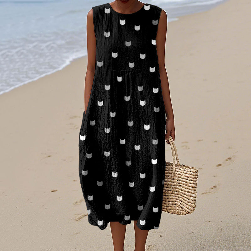 Cute Little Kitty Pattern Cozy Linen Tank Dress elevenforest