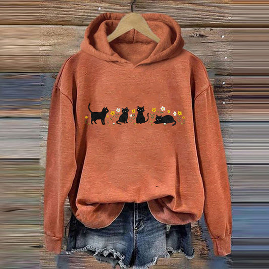 Comstylish Women's Cute Floral Black Cat Embroidered Print Hoodie