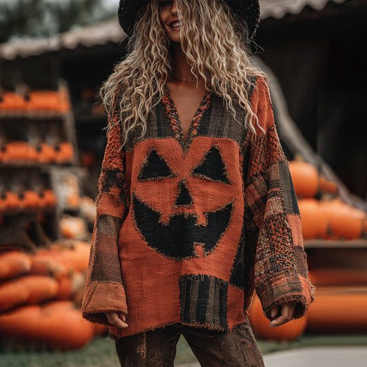 Vintage Patchwork Halloween Pumpkin Face Art Linen Shirt artswardrobe