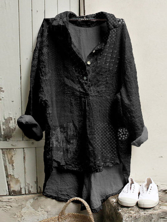 Comstylish Japanese Traditional Sashiko Art Linen Blend High Low Tunic