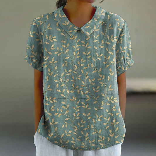 Comstylish Women'S Leaf Art Print Casual Cotton Linen Shirt