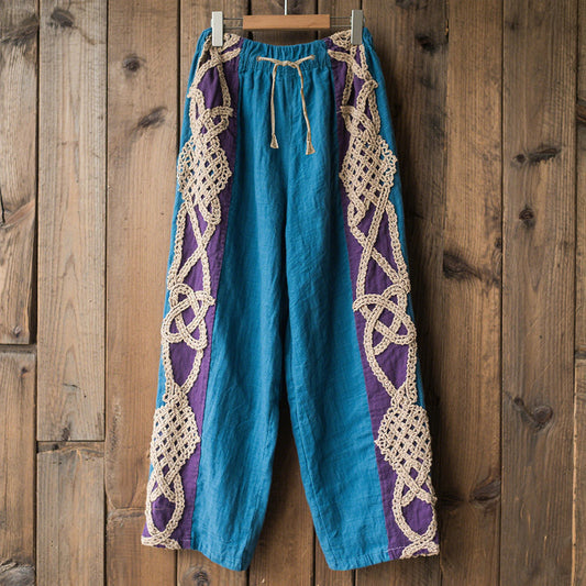 Women's Contrast Color Celtic Knot Lace Embroidery Art Comfort Casual Pants artswardrobe