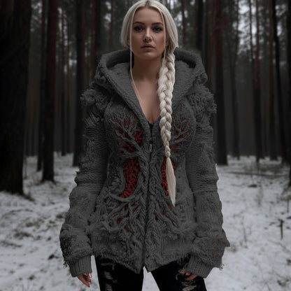 Women's Viking Tree Of Life Cable Knit Zip-up Hooded Sweater artswardrobe