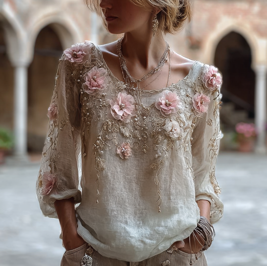 Comstylish Bohemian Style Round Neck Short Sleeve Three-dimensional Flower Design Women's Thin Top
