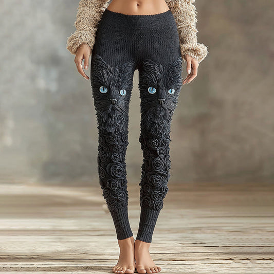 Comstylish Vintage Cute Cat Face With Roses Art Embroidered Cozy Knit Leggings