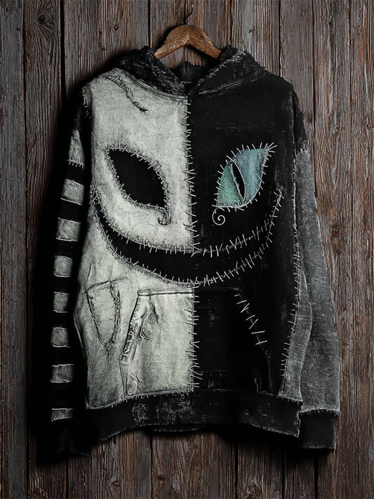 Comstylish Halloween Cat Face Contrast Stitched Striped Washed Hoodie