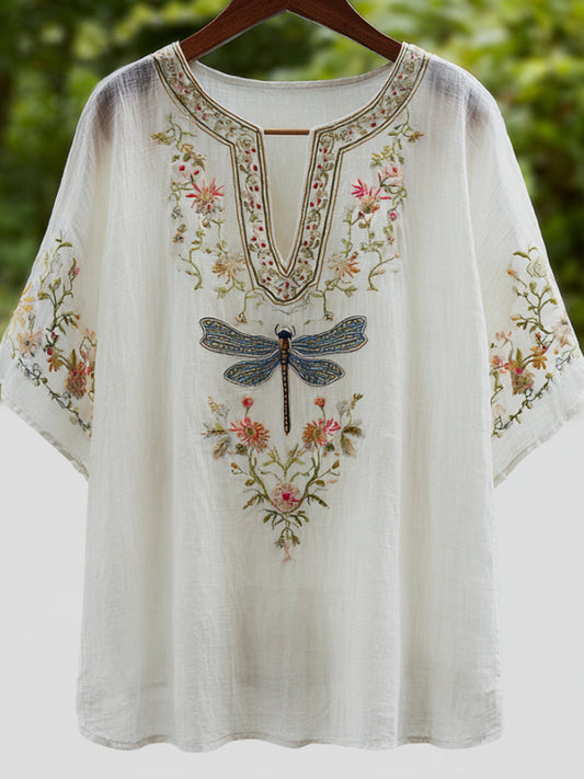 Comstylish Vintage Cotton And Linen Dragonfly And Flower Pattern White V-neck Short-sleeved T-shirt