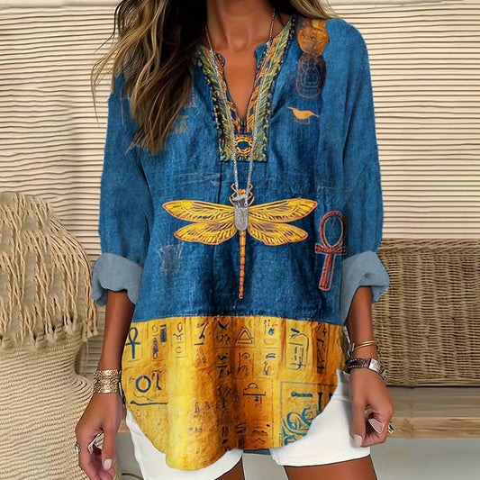 Comstylish Vintage Egyptian Dragonfly Embroidery Women's Linen Long Sleeve Shirt