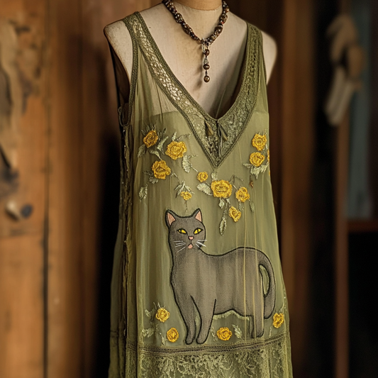 Vintage Floral Pop Art Cat Blended Women's Dress elevenforest