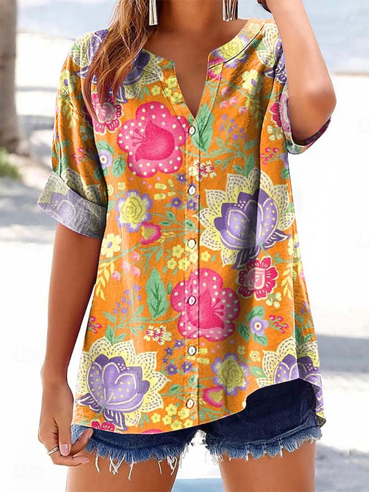 Women's Vintage Floral Pattern Art Print Casual Cotton Linen Shirt