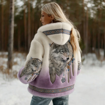 Comstylish Women's Vintage Wolf Art Knit Cozy Flannel Hoodie