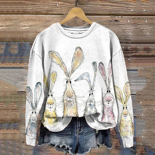 Comstylish Watercolor Bunny Print Casual Cozy Sweatshirt