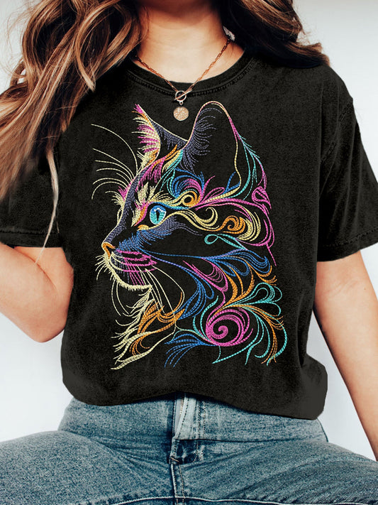 Colorful Cat Embroidery Art Graphic Vintage T Shirt elevenforest