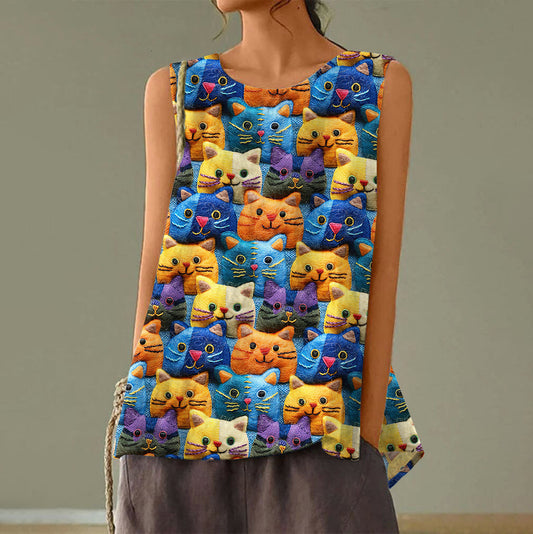 Comstylish Women's Pop Art Embroidered Cat Print Tank Top