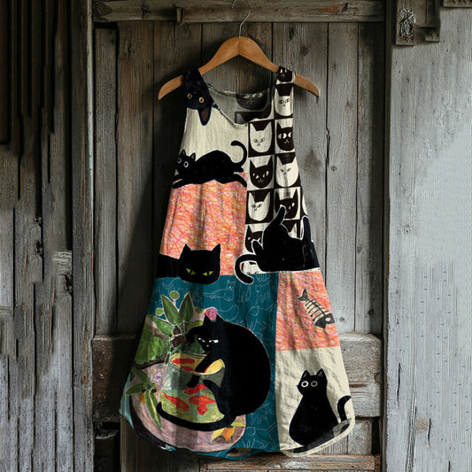 Comstylish Vintage Cute Cats Patchwork Art Linen Blend Tank Dress