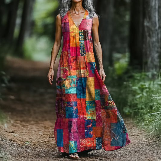 Women's Art Painting Colorful Patchwork Print V Neck Tank Dress artswardrobe