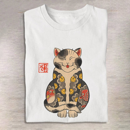 Cute Japanese Ukiyoe Tattoo Cat Print T-Shirt elevenforest