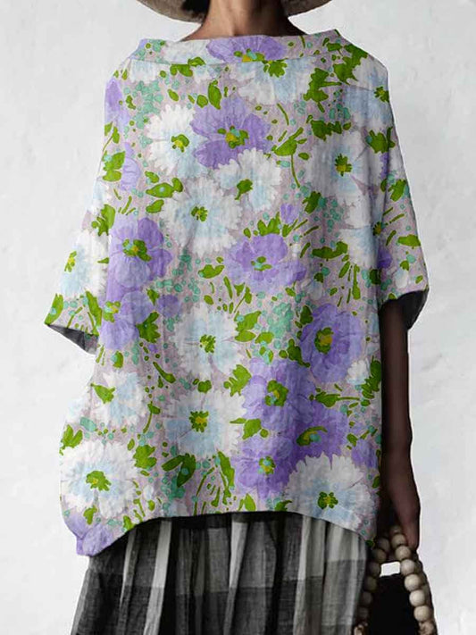 Women's Elegant Floral Cotton and Linen Top
