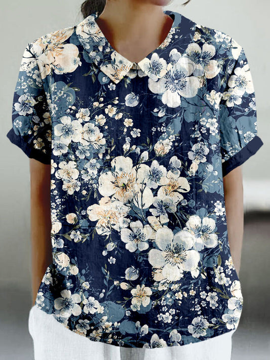 Comstylish Blooming Flower Pattern Linen Blend Cozy Shirt